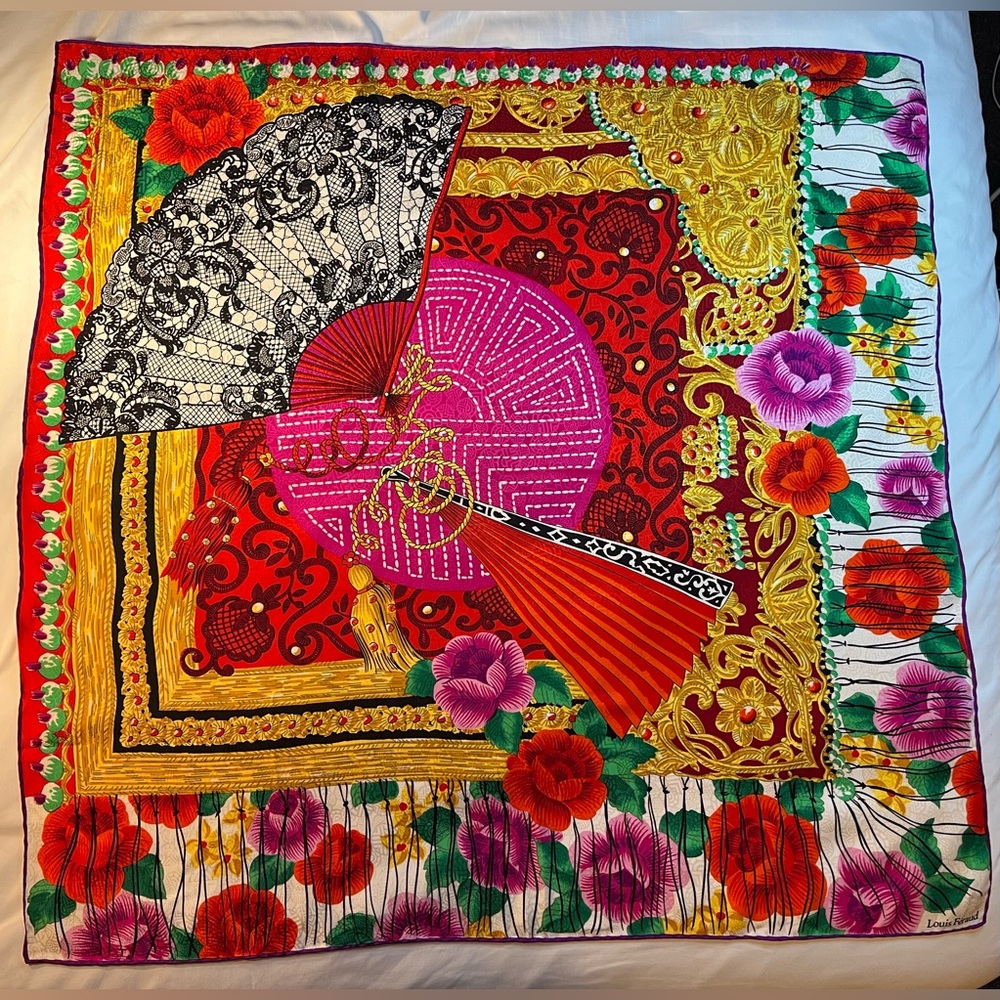 Louis Feraud silk scarf Fans Filigree Floral Gold Red Black Bright HR 34x34